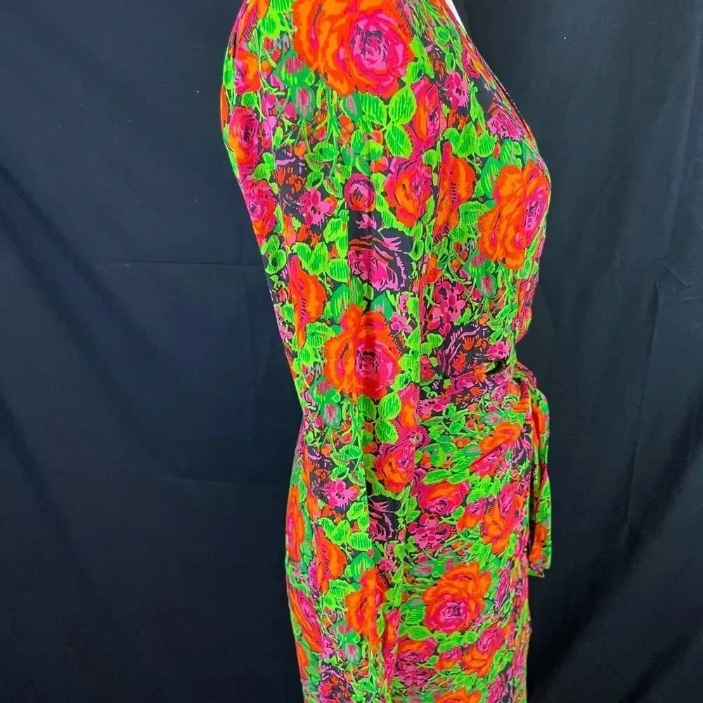 Zara Neon Green & Hot Pink Floral Long Sleeve Wrap Dress - Picture 4 of 5